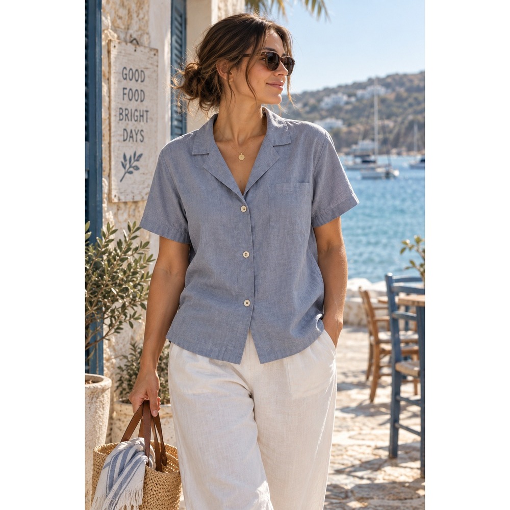 Quince Womens 100% European Linen Short Sleeve Button Down Shirt Blue Coastal M